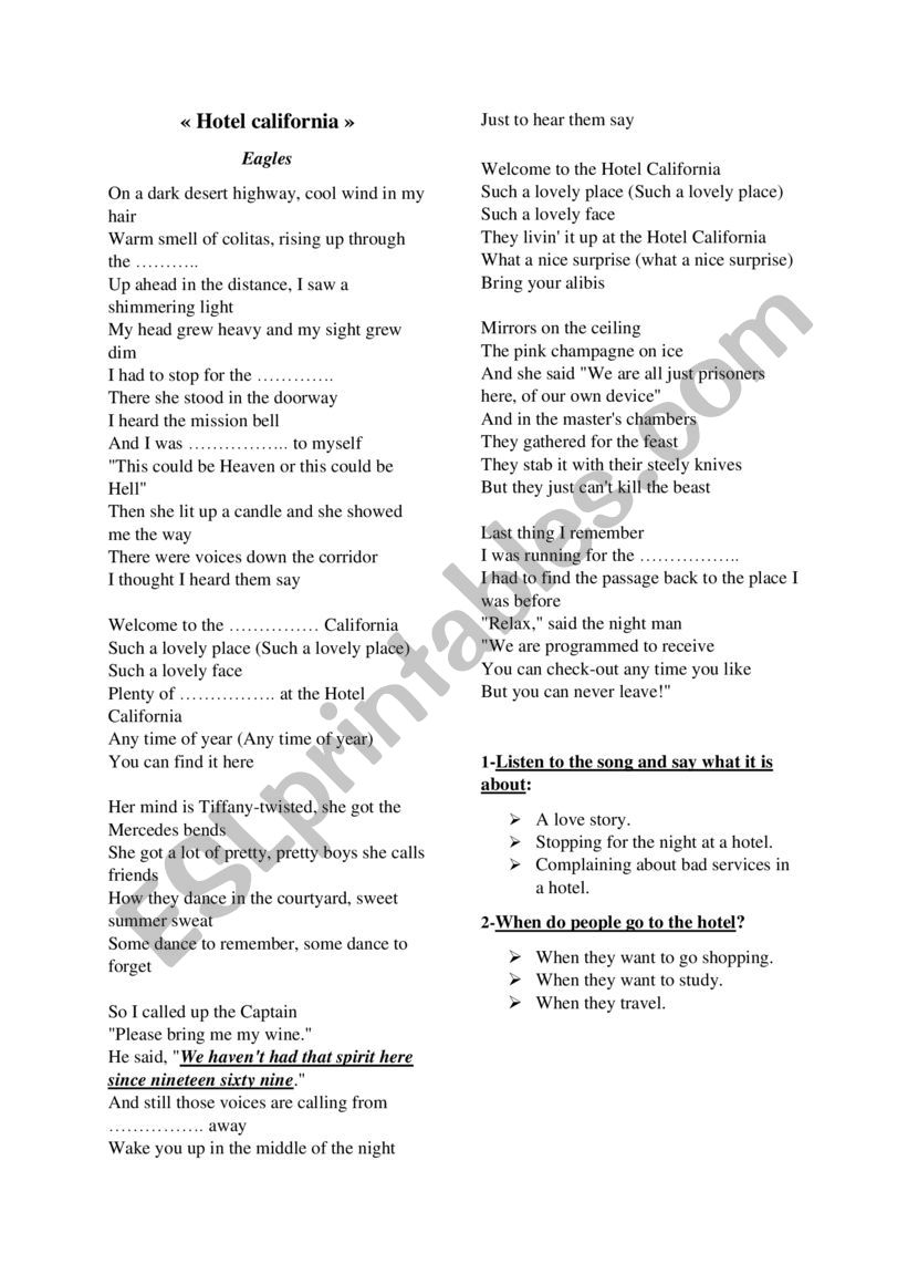 Hotel California worksheet