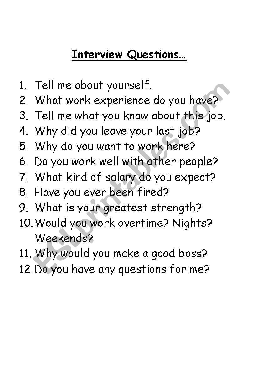 interview questions worksheet