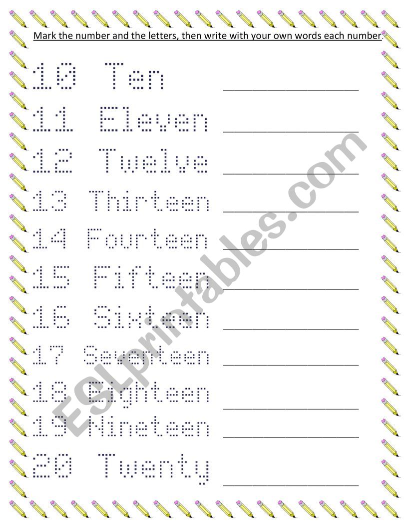 Numbers from 10 to 20 worksheet