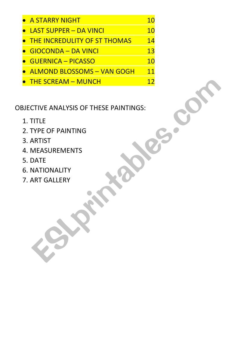 Painting: objective analysis worksheet