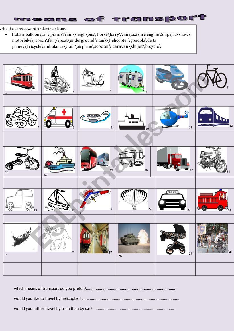 means of transport worksheet