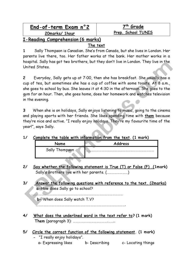 end-of-term exam 7th grade Tunisian prep. school