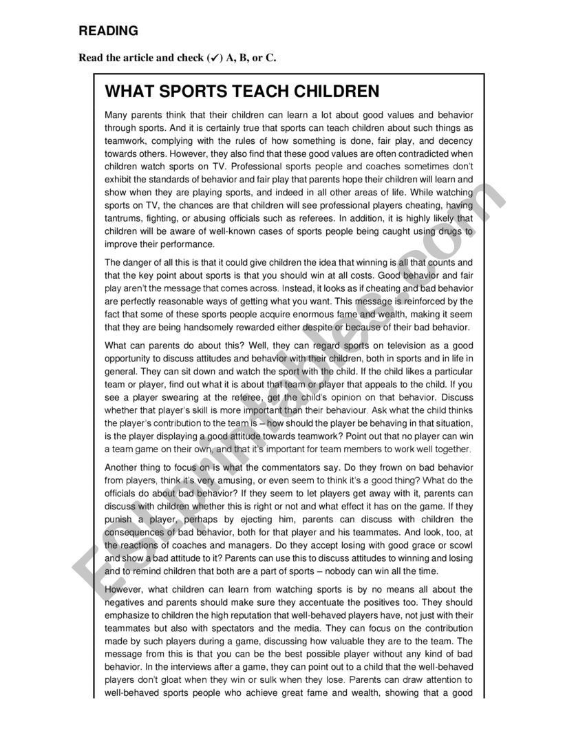 READING-WHAT SPORTS TEACH CHILDREN