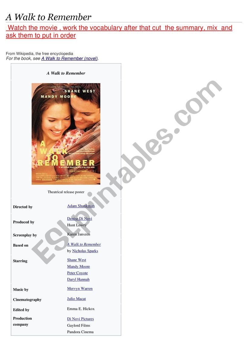 A walk to remember   movie worksheet