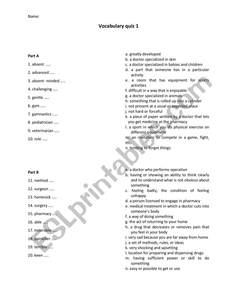 Vocabulary Quiz worksheet