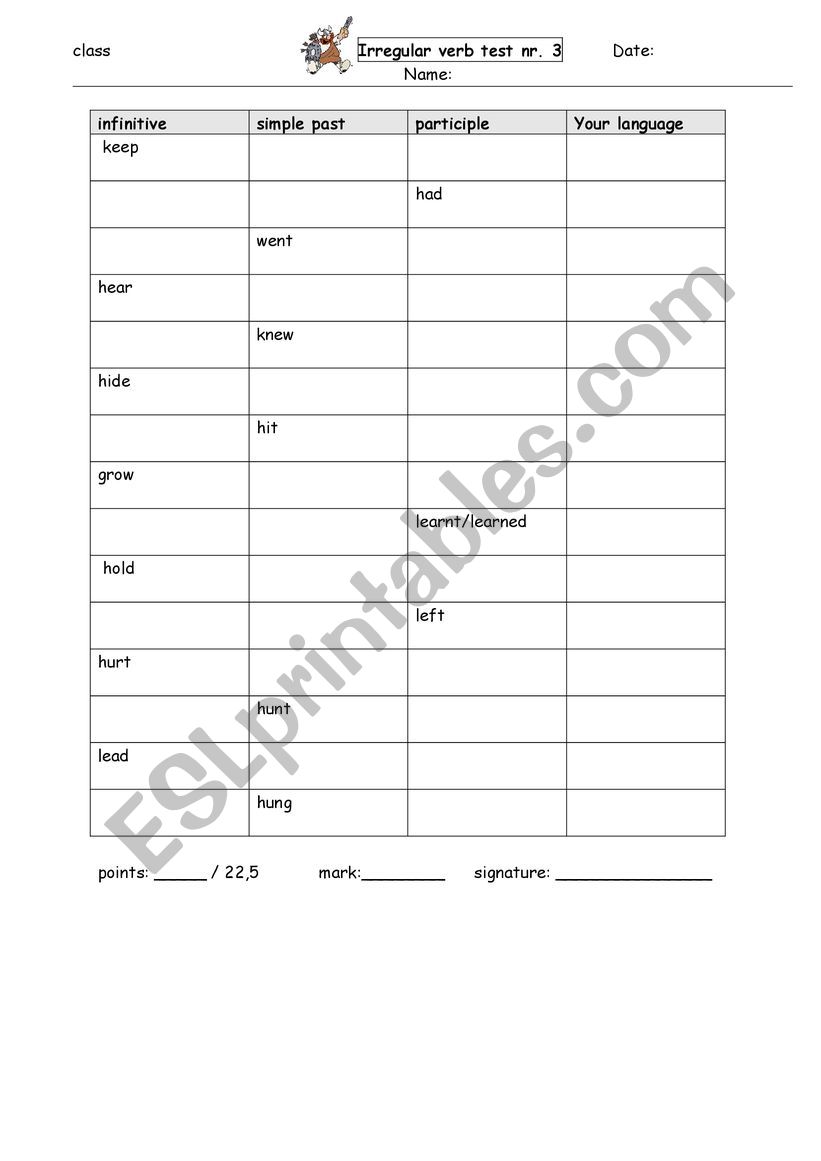 Irregular verbs test 3 worksheet