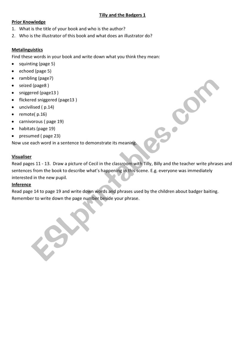 Tilly and the Badgers worksheet