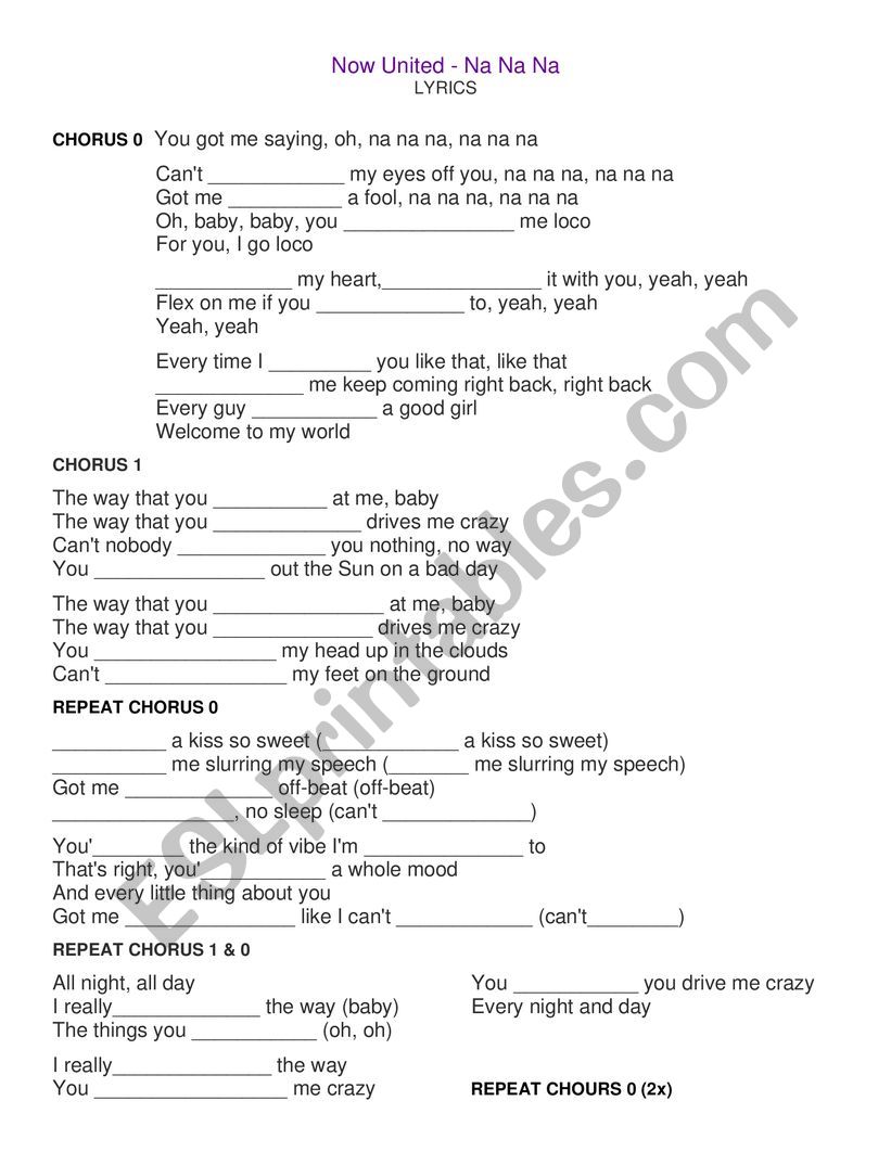 SONG: Na Na Na by Now United worksheet