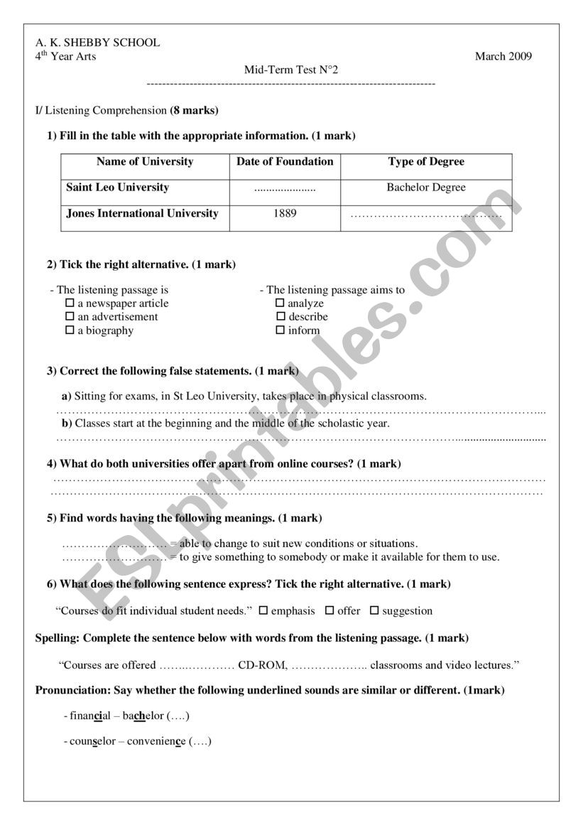 consolidation 4th form worksheet