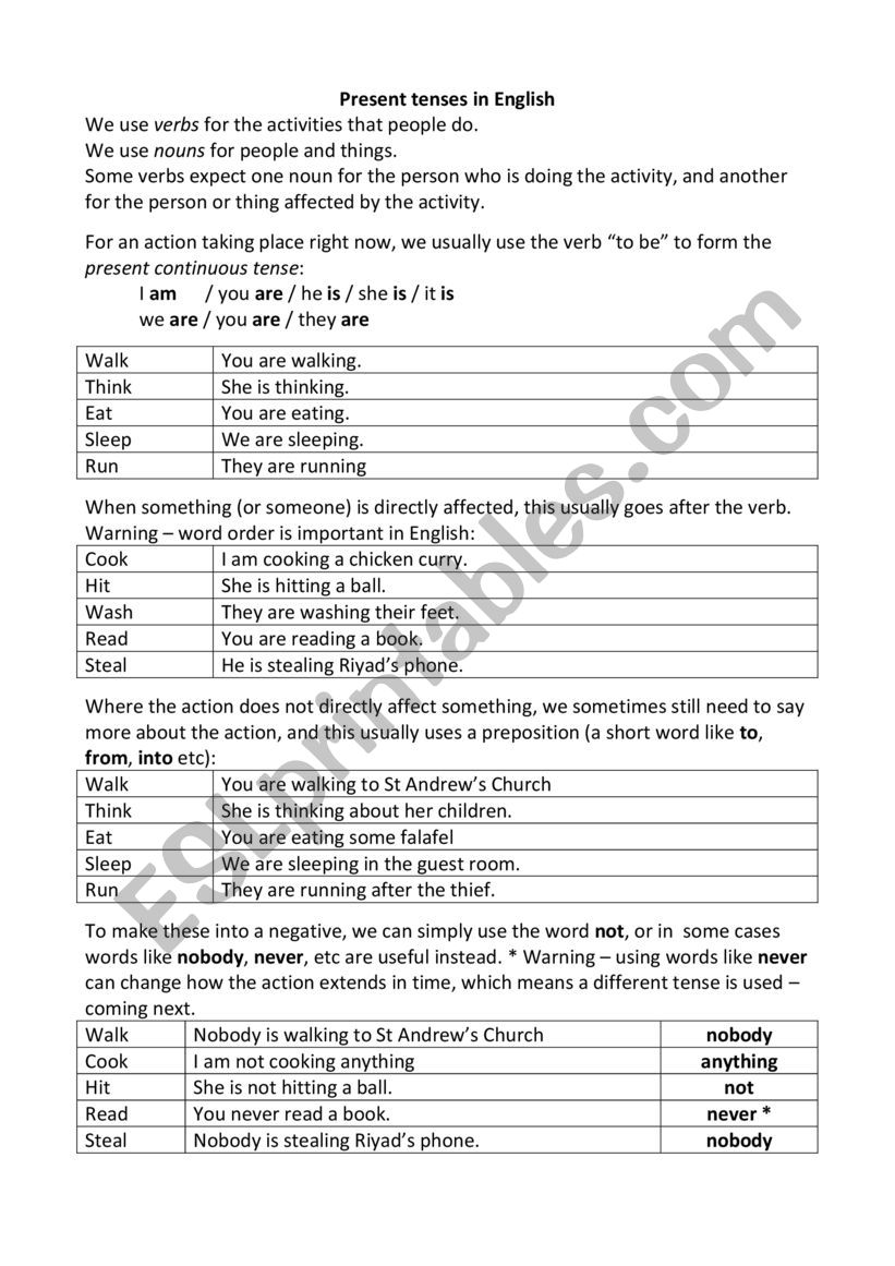 Present tenses in Englkish worksheet