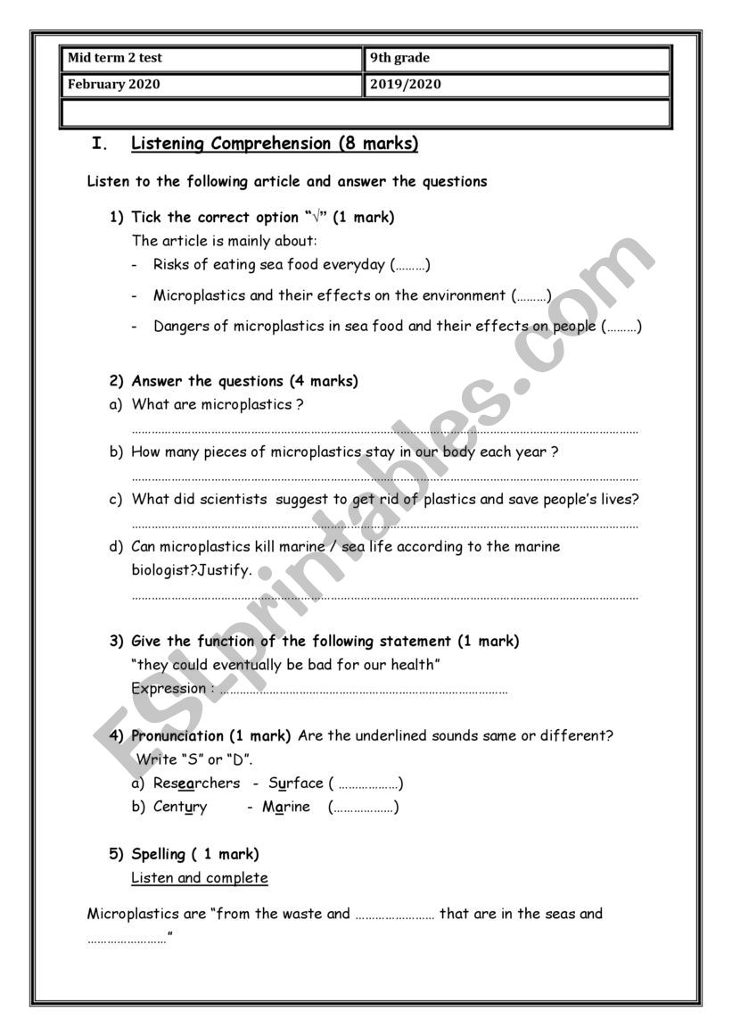 9th GRADE MID TERM 2 TEST 2020