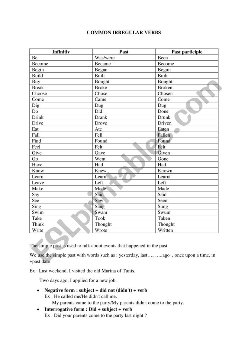 Simple past ,common irregular verbs