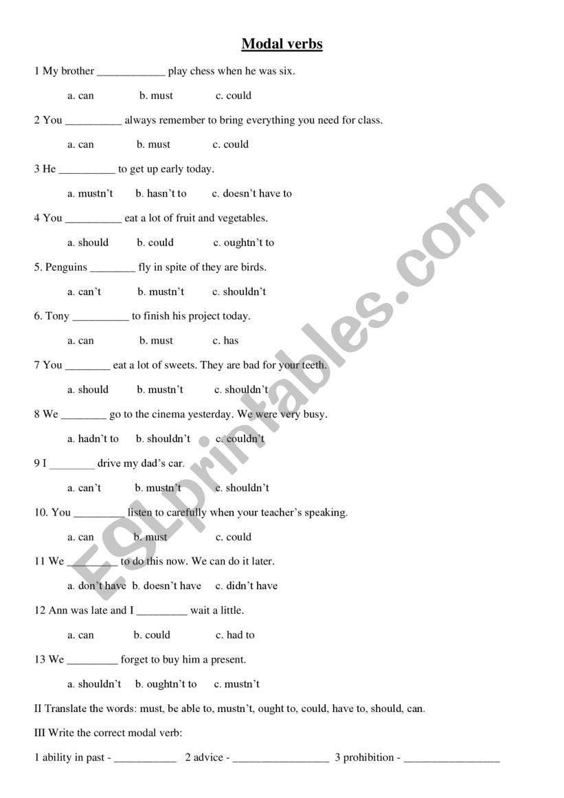 Modal verbs (can, must, should, have to)