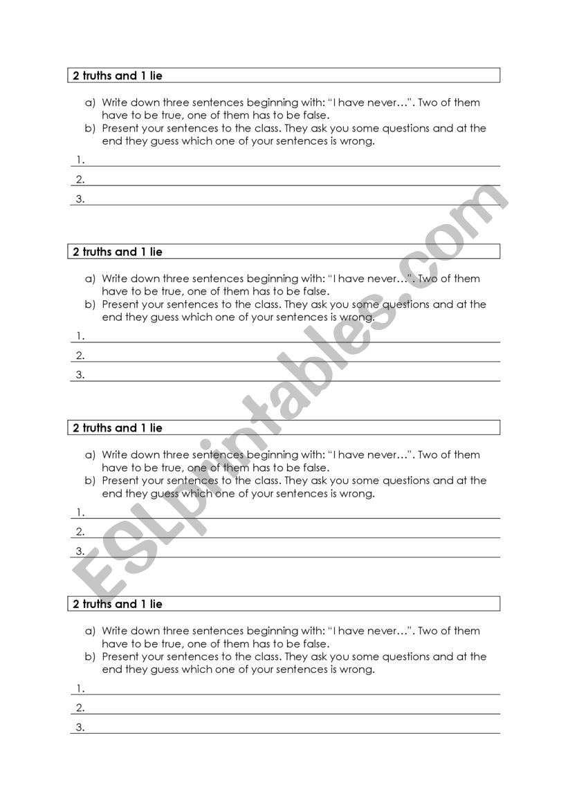 Two truths one lie worksheet