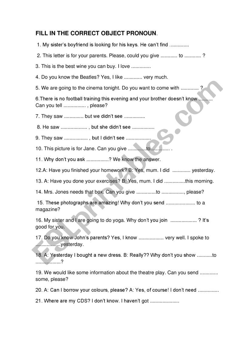 Object pronouns worksheet