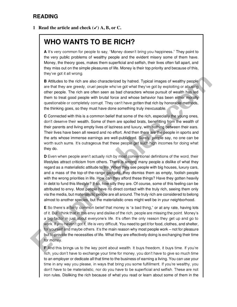 READING-WHO WANTS TO BE RICH worksheet
