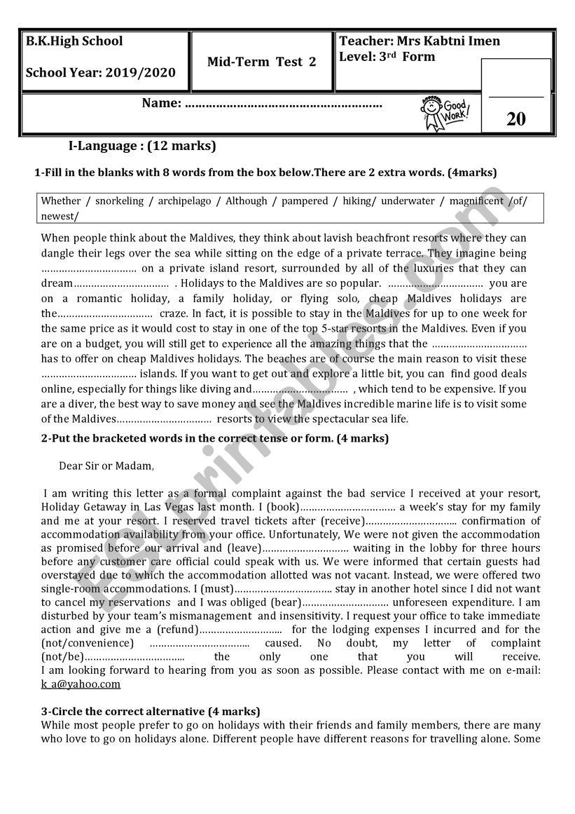 Mid term test 2 3rd form worksheet