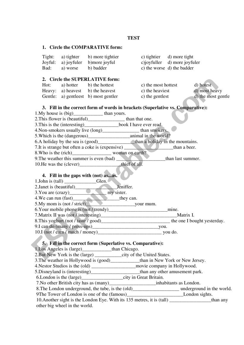 Degrees of adjective worksheet