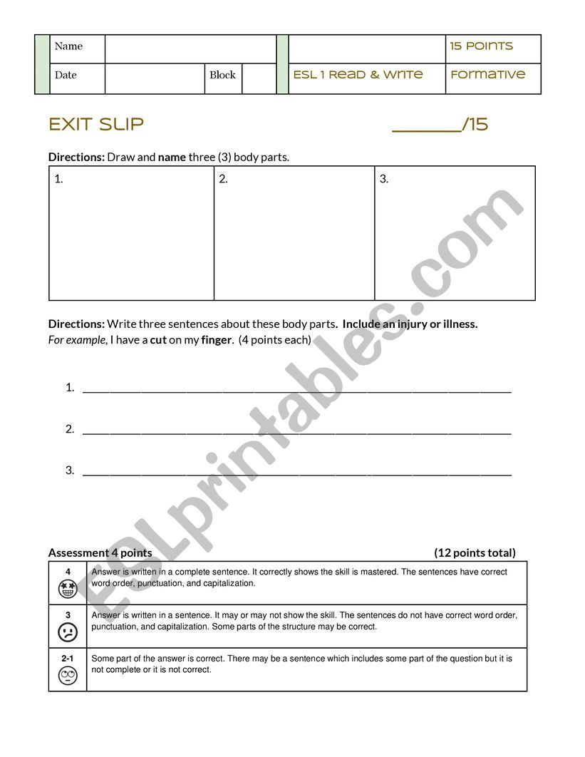 Body & Health: Exit Slip & Classwork