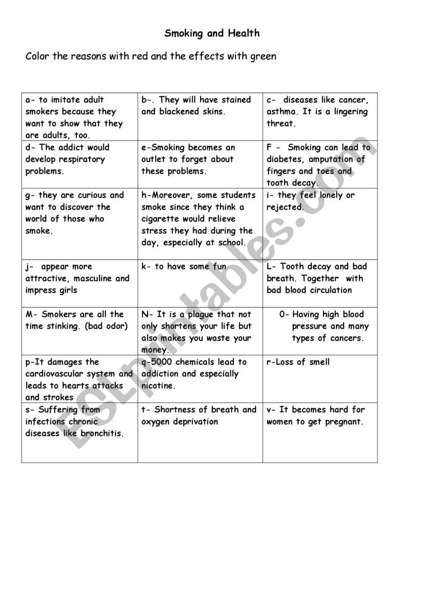 smoking and health worksheet