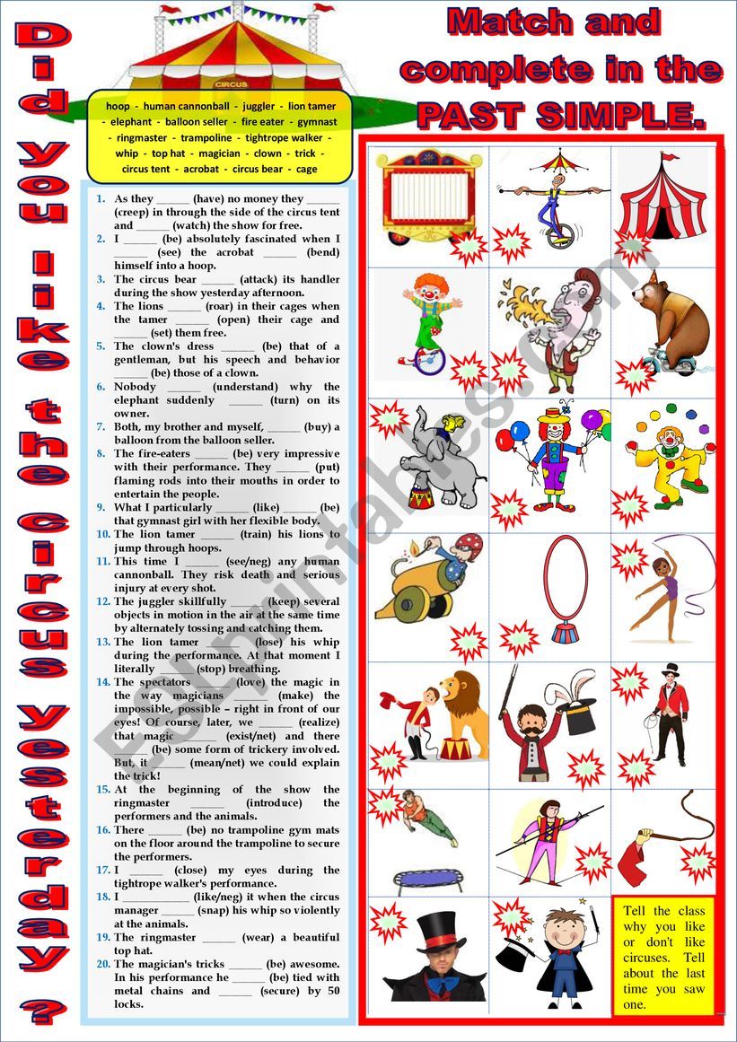 Do you like circuses. Matching vocabulary + past simple + key