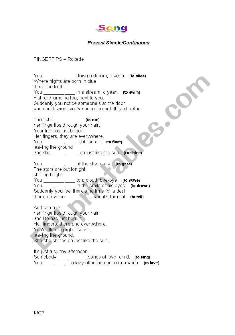 Song - Fingertips by Roxette worksheet