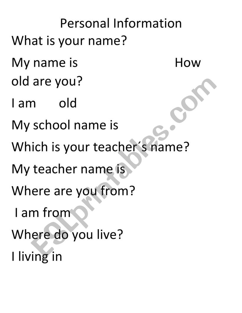 Personal information worksheet