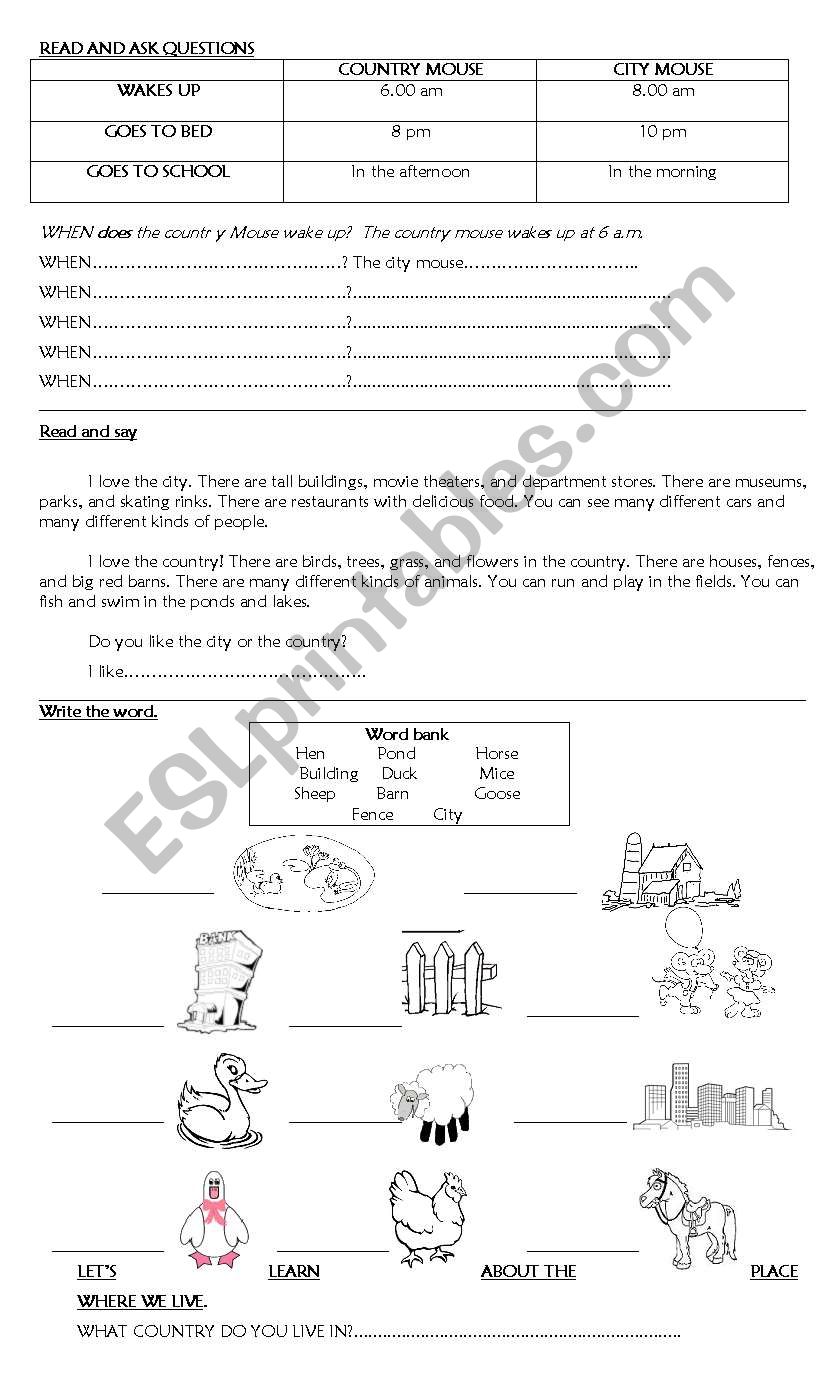 City and country worksheet