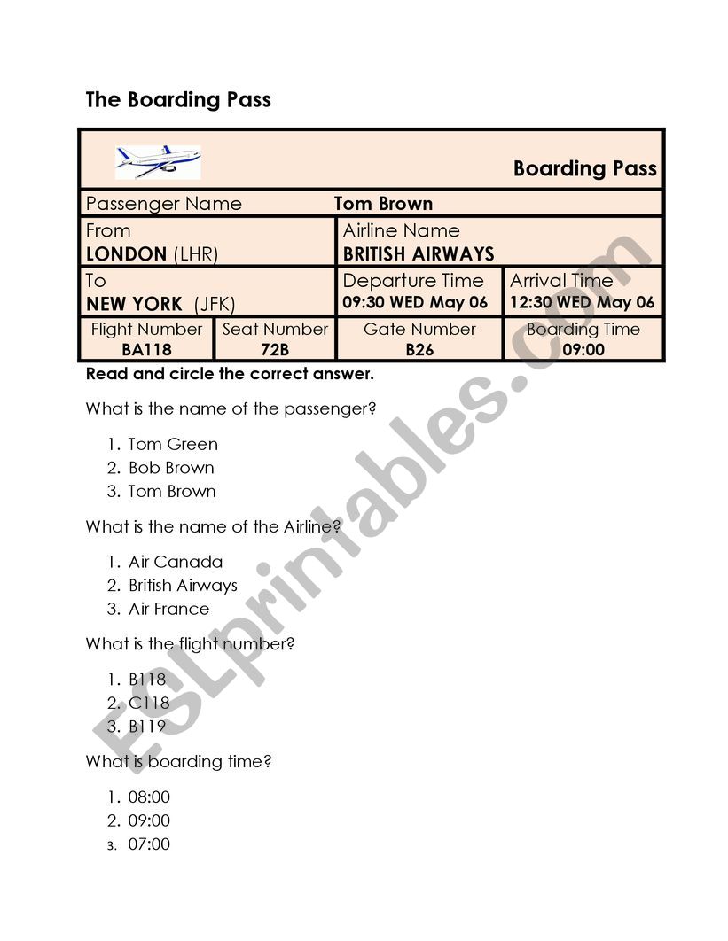 The Boarding Pass worksheet