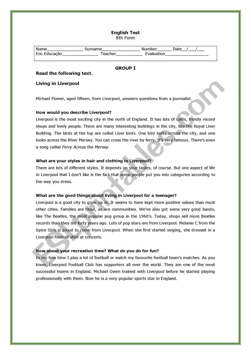 English Test - Travelling worksheet