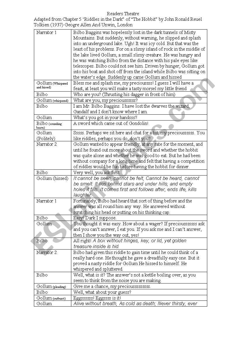 Readers Theatre - Riddles in the Dark (Adpated from J.R.R Tolkiens The Hobbit) 