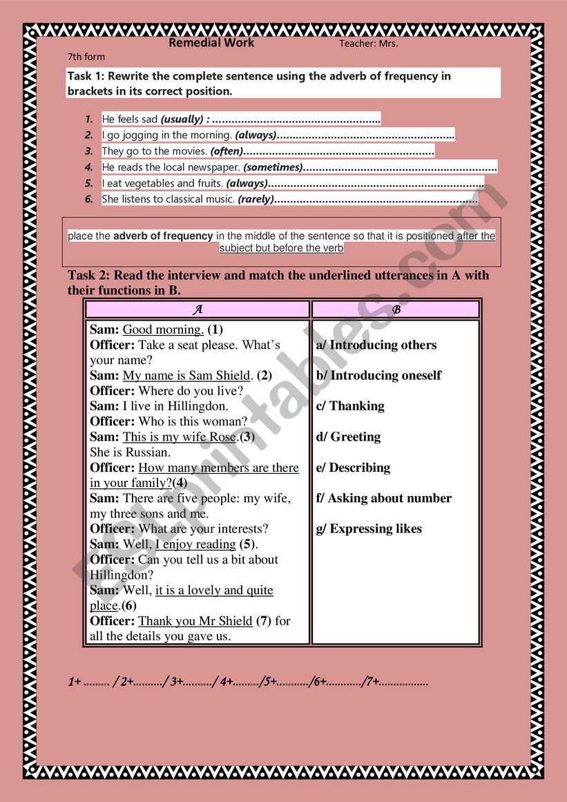 7th form Remedial Work  worksheet