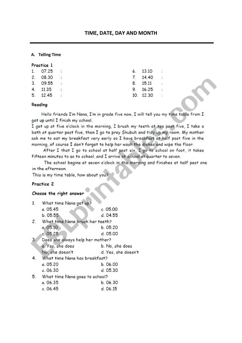 TIME, DATE, DAY AND MONTH  worksheet