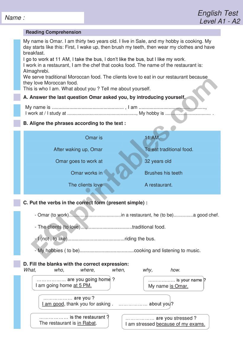 A1 - A2 english Test  worksheet