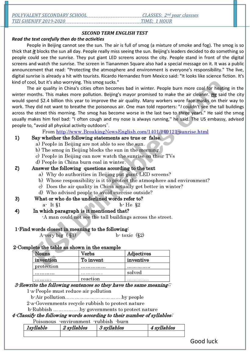 test about science  worksheet