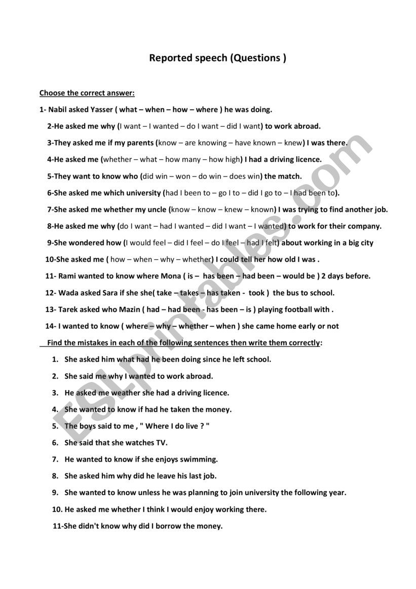 reported speech ( questions ) worksheet