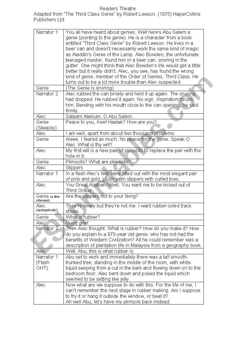 Readers Theatre - Third Class Genie by Robert Leeson 