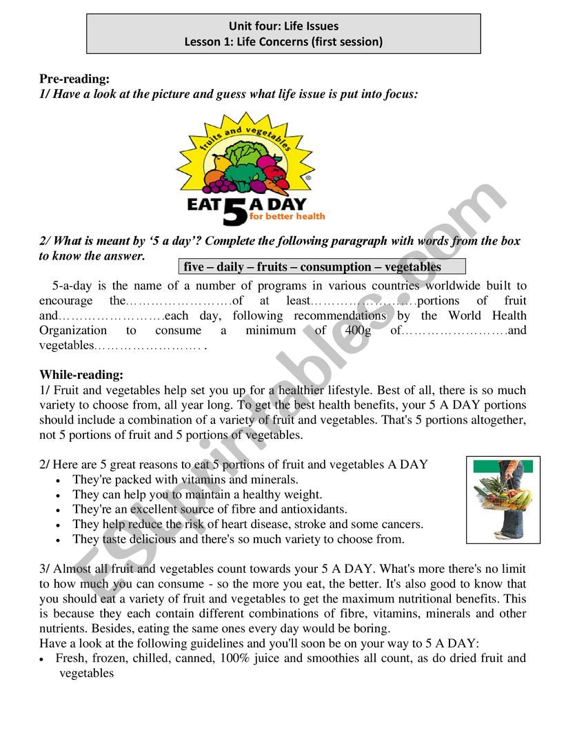 unit 4 lesson 1 five a day worksheet