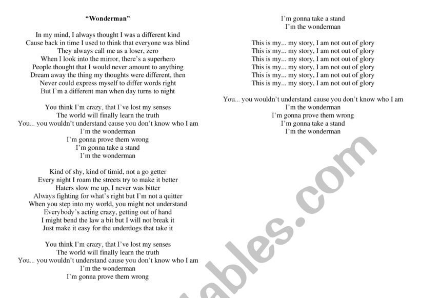 The Rasmus - Wonderman worksheet