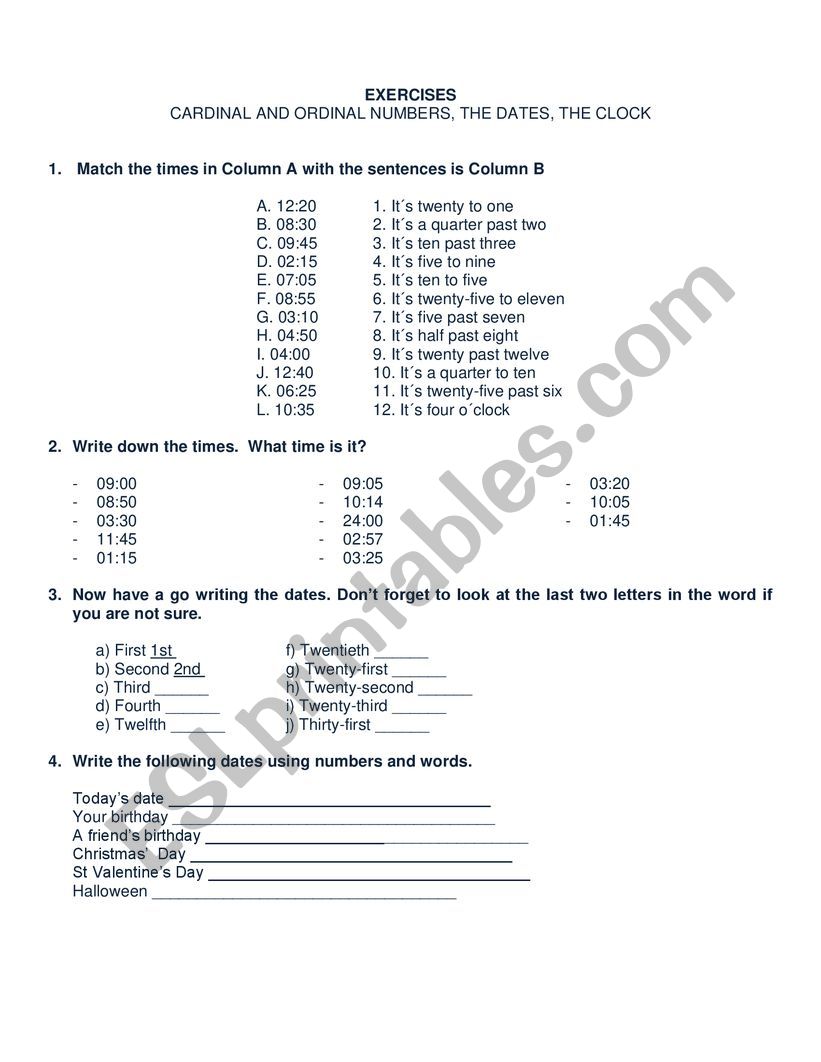 CARDINAL AND ORDINAL NUMBERS, THE DATES, THE CLOCK