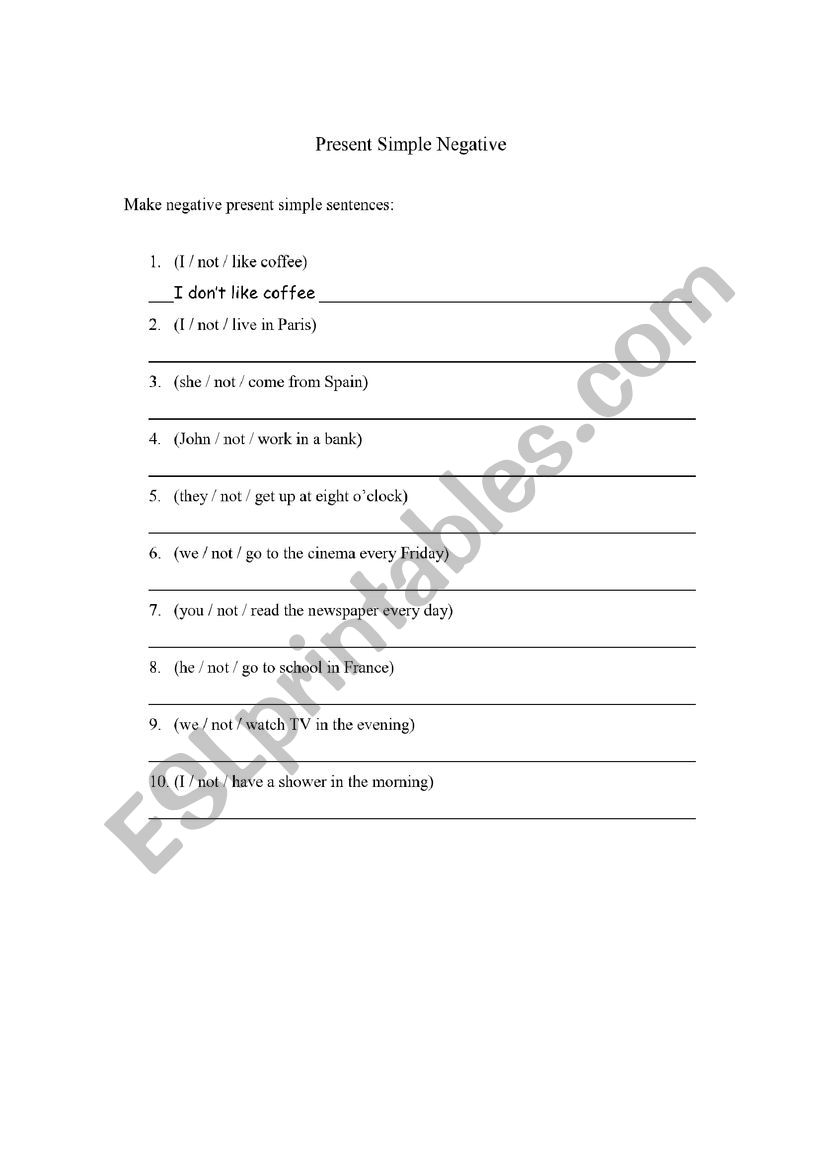 present smple negative worksheet