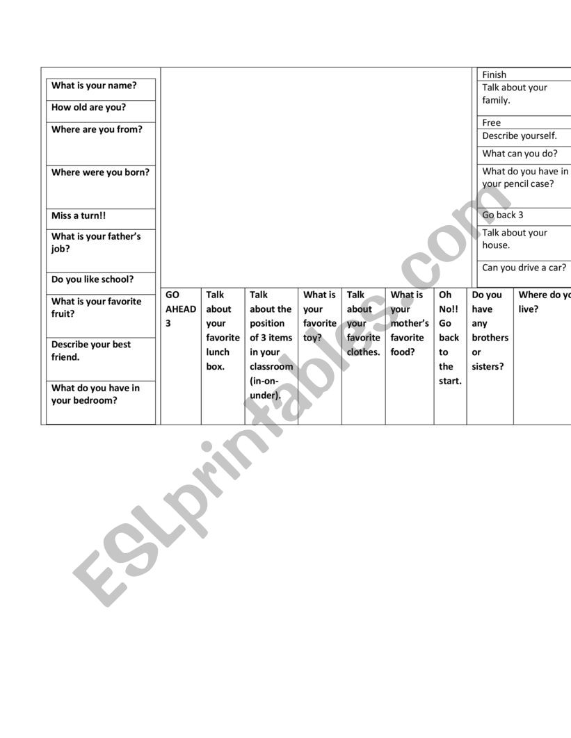 game worksheet