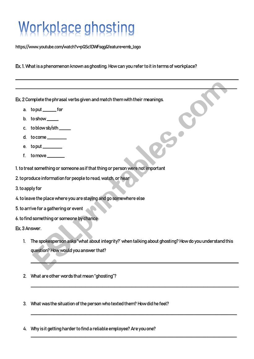 Ghosting at workplace worksheet