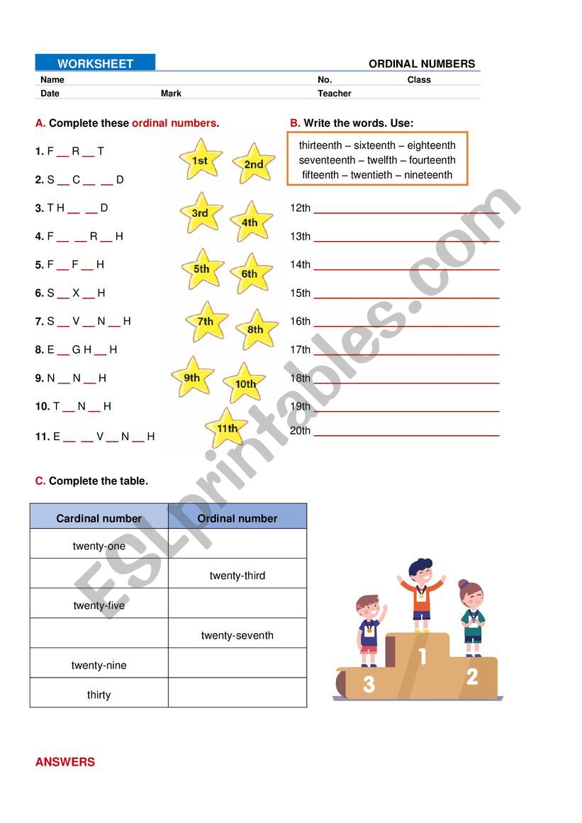 ordinal numbers ws key included