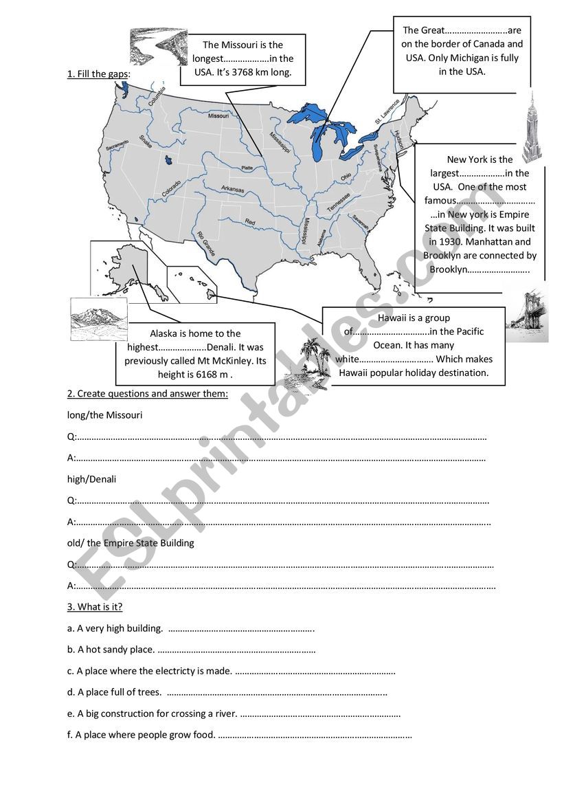 Geography vocabulary + USA map