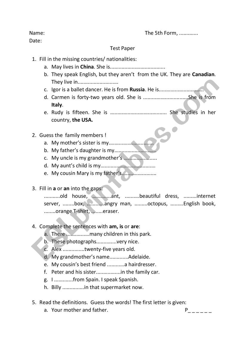 test worksheet