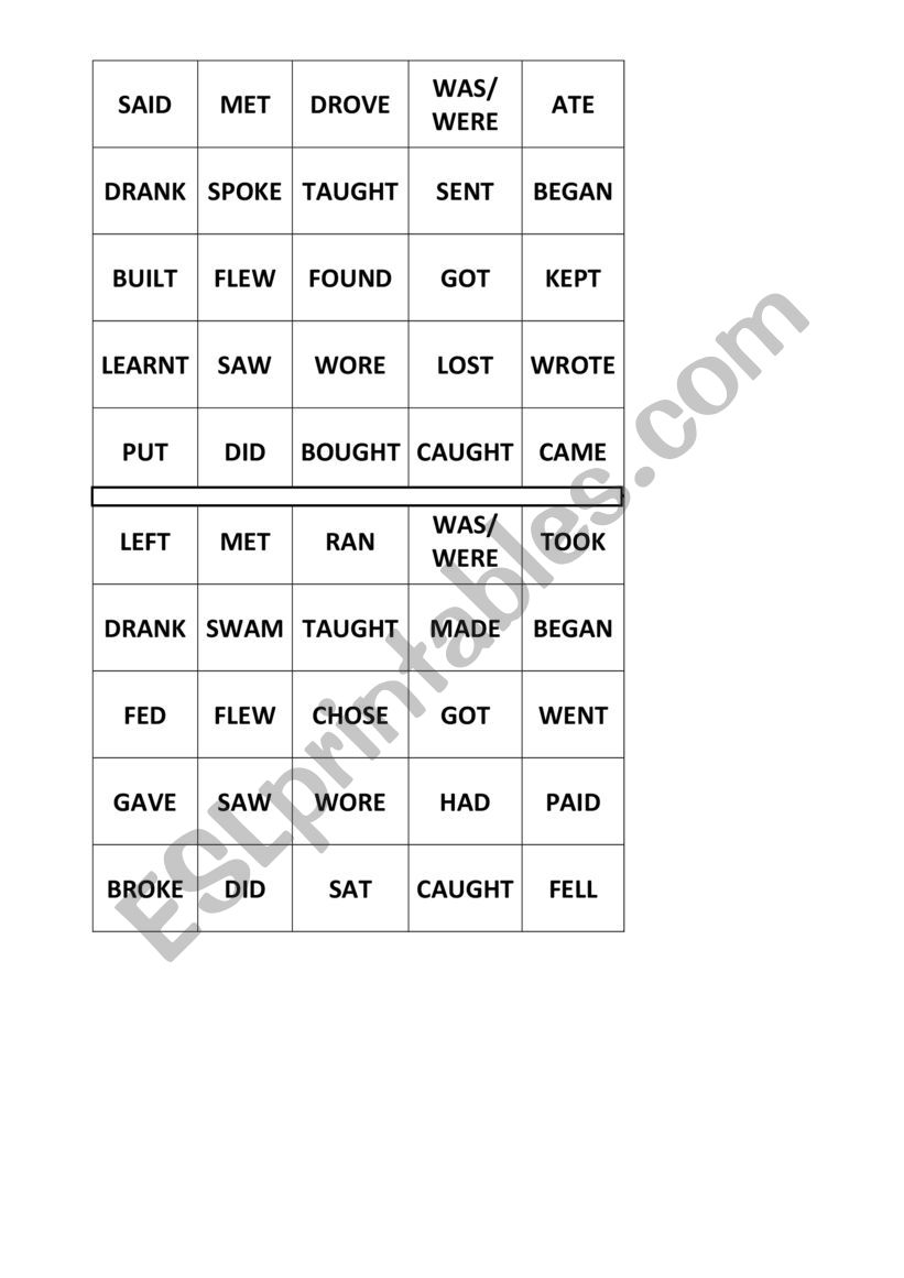 Bingo: Past Simple - Irregular verbs