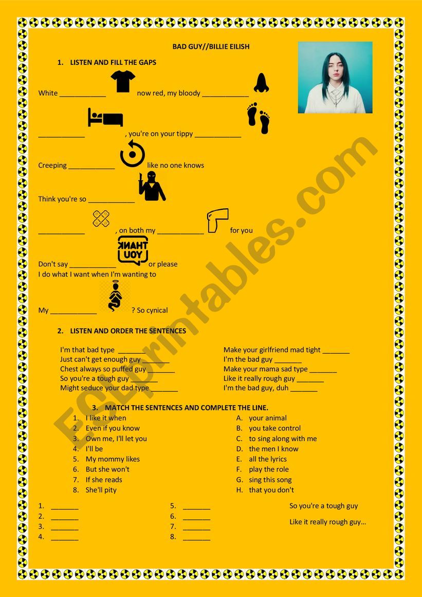 BAD GUY// BILLIE ELISH SONG WORKSHEET