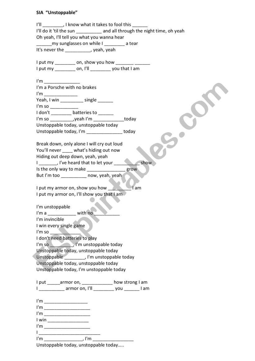 Song worksheet Sia Unstoppable