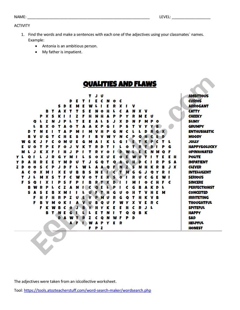 Qualities worksheet